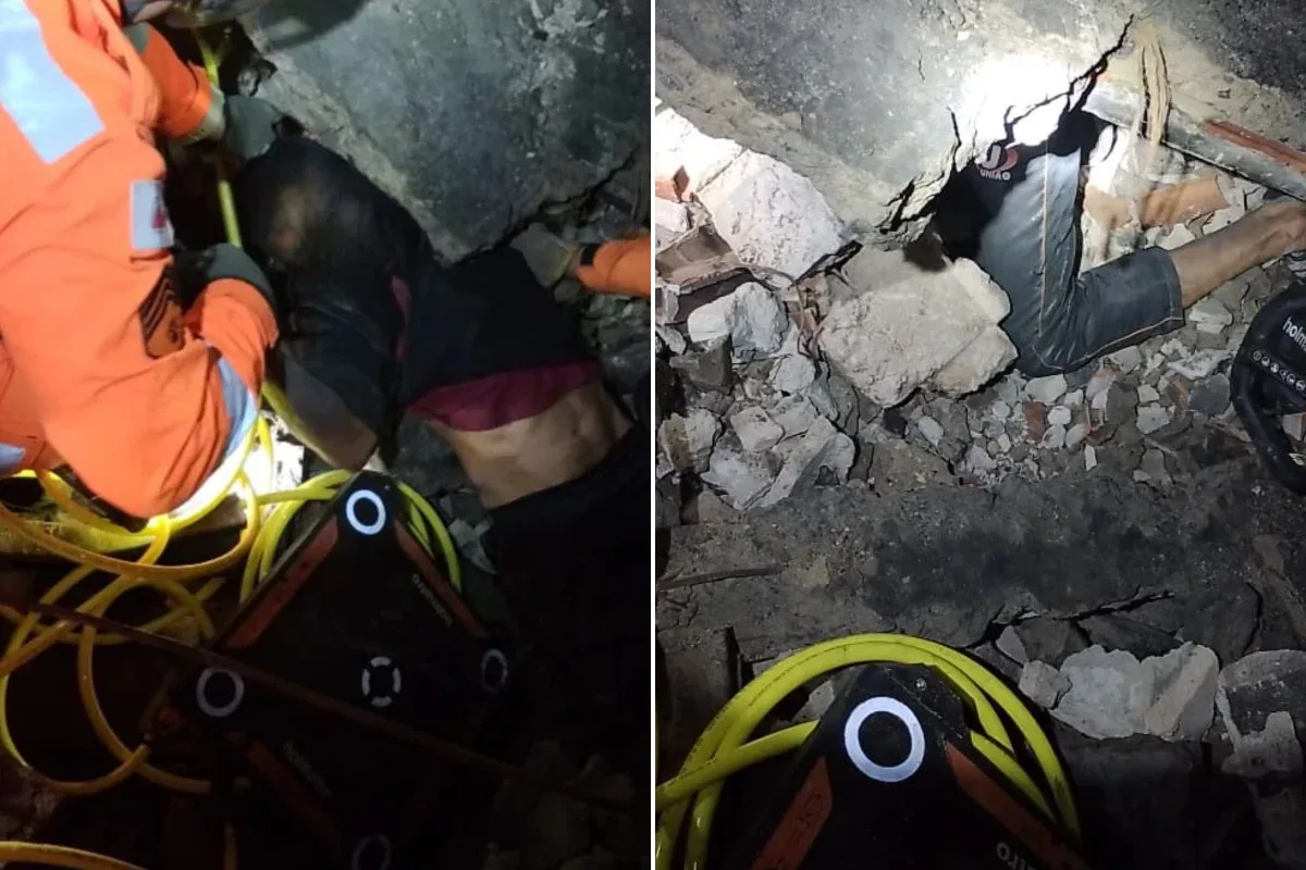 Bombeiros retiram homem de escombros após queda de laje em Três Corações