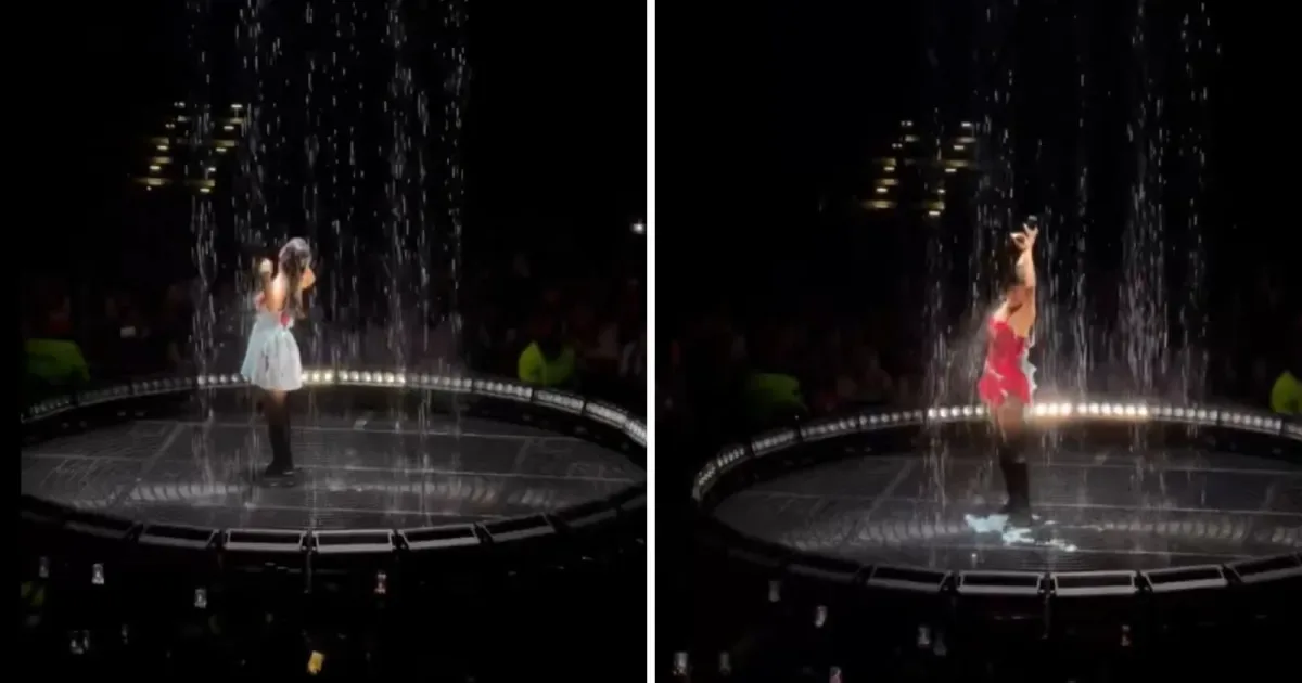 Chuva revela microvestido vermelho de Olivia Rodrigo durante show
